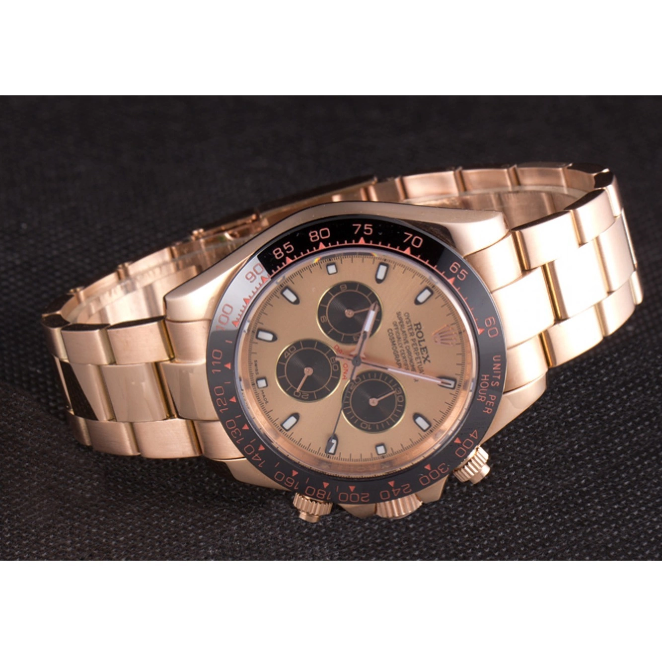 Aaa replica watch Plated Rose Gold Tachymeter Gold Ion Dial Daytona Strap Rolex Rose 80244 0716